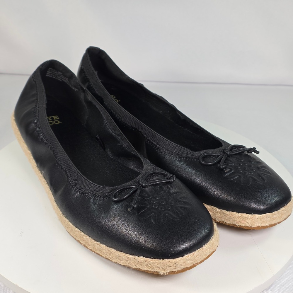 Frye and Co Willow Black Espadrille Ballet Flats Floral Embossed‎ Bow 9.5M
